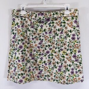 Loft‎ Belted Mini Skirt White Multicolor Floral Lightweight Denim Mini Skirt 6